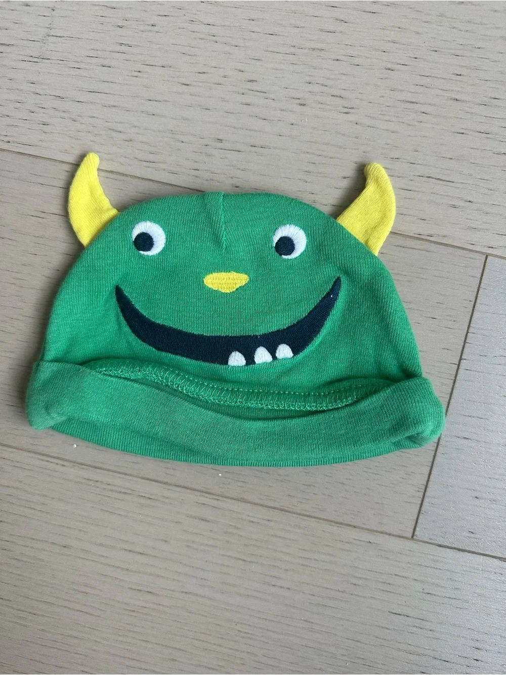 Green Monster Baby Beanie with Yellow Horns